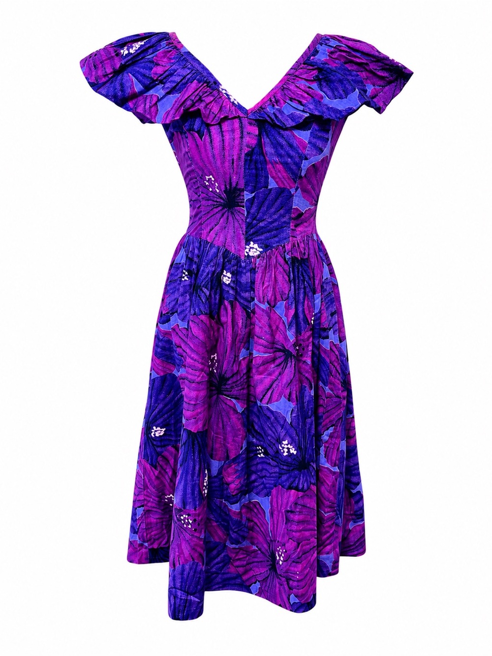 Vintage 80s All That Jazz Purple Floral Ruffle Midi Dress Whimsigoth Cotton Sz S